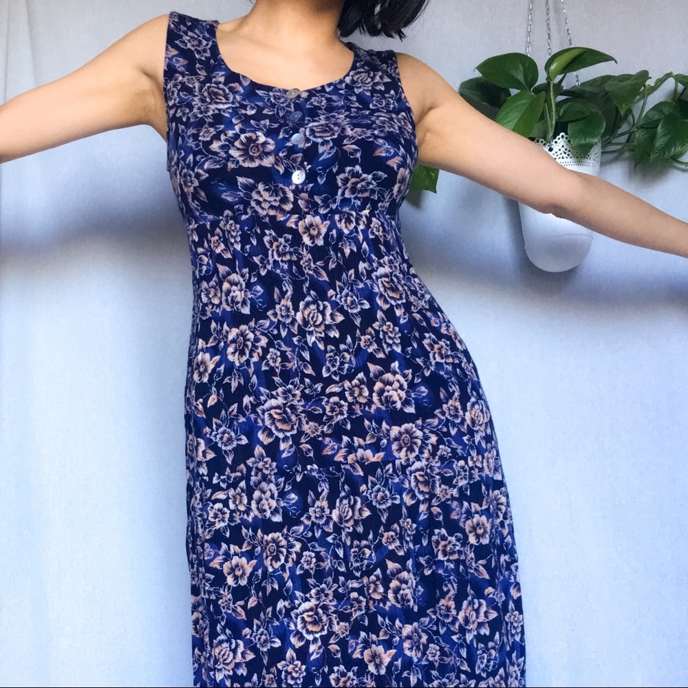 Vintage 90s Floral Button Sleeveless Dress Navy L